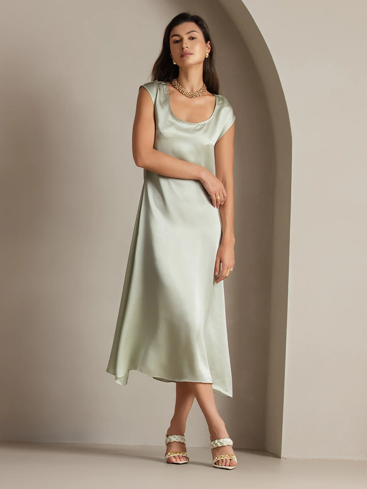 19Momme Silk Cap Sleeve Round Neck Midi Dress - Image 40