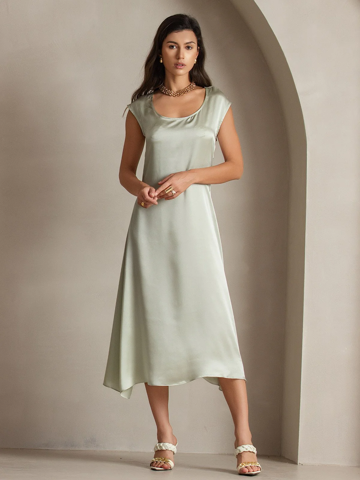 19Momme Silk Cap Sleeve Round Neck Midi Dress - Image 41