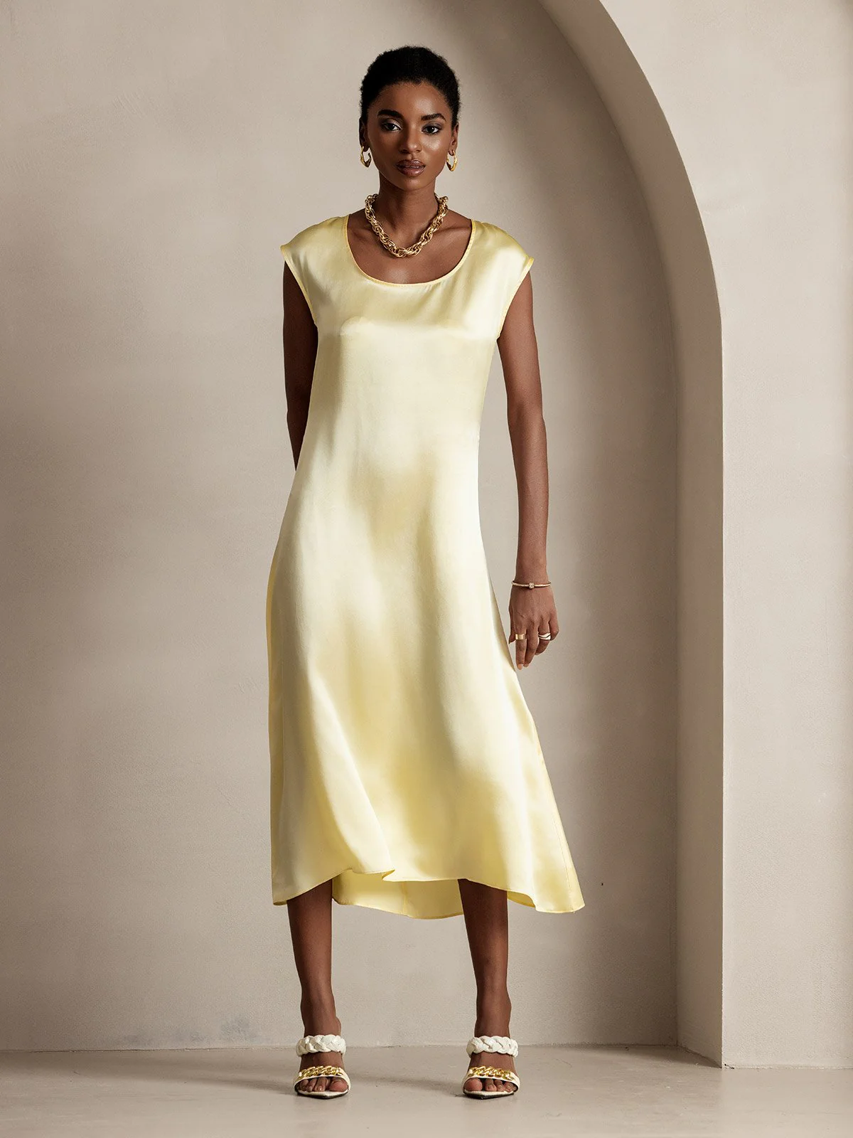 19Momme Silk Cap Sleeve Round Neck Midi Dress - Image 48