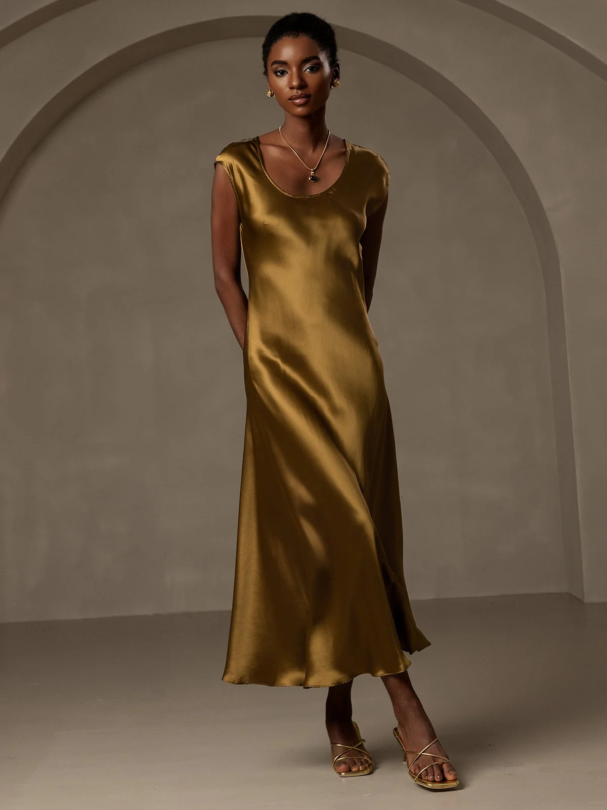 19Momme Silk Cap Sleeve Round Neck Midi Dress - Image 7