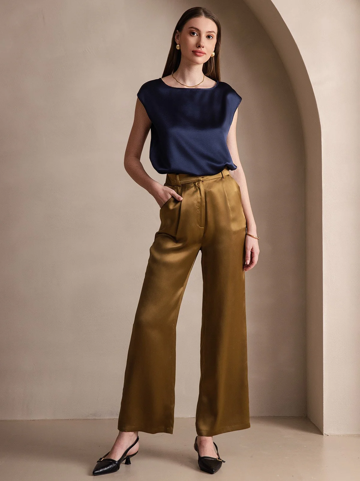 19Momme Silk Cap Sleeve Round Neck Women's Top - Image 13