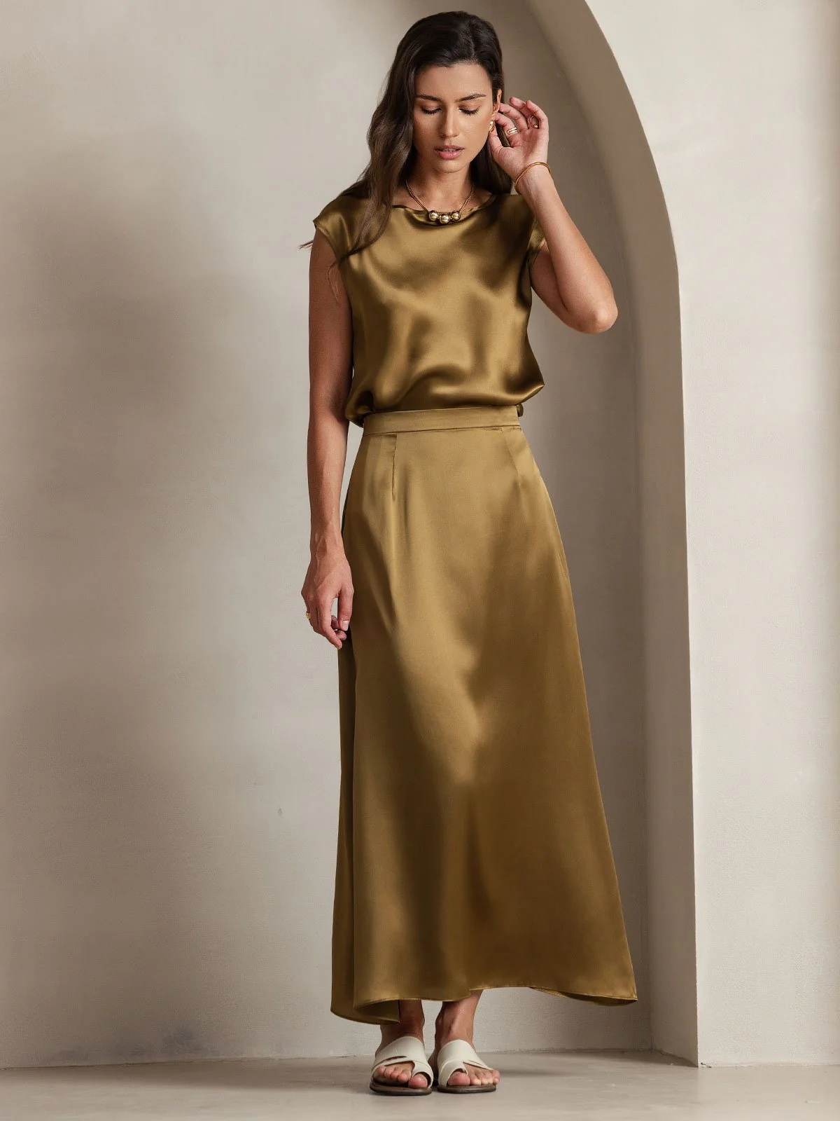 19Momme Silk Cap Sleeve Round Neck Women's Top - Image 21