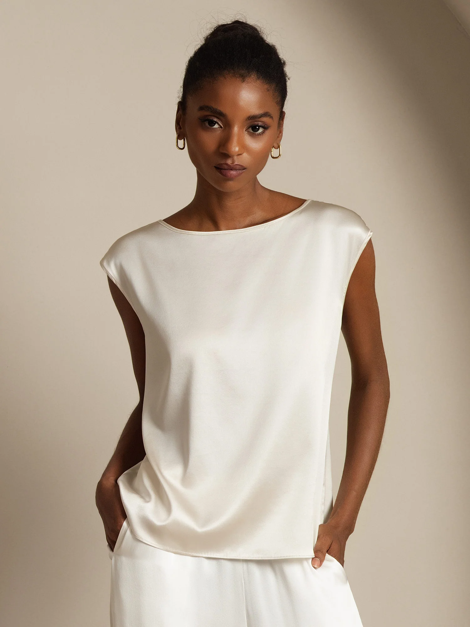 19Momme Silk Cap Sleeve Round Neck Women's Top - Image 22