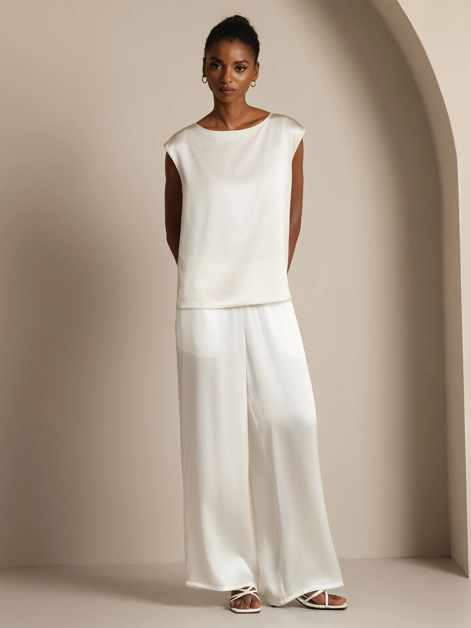 19Momme Silk Cap Sleeve Round Neck Women's Top - Image 30