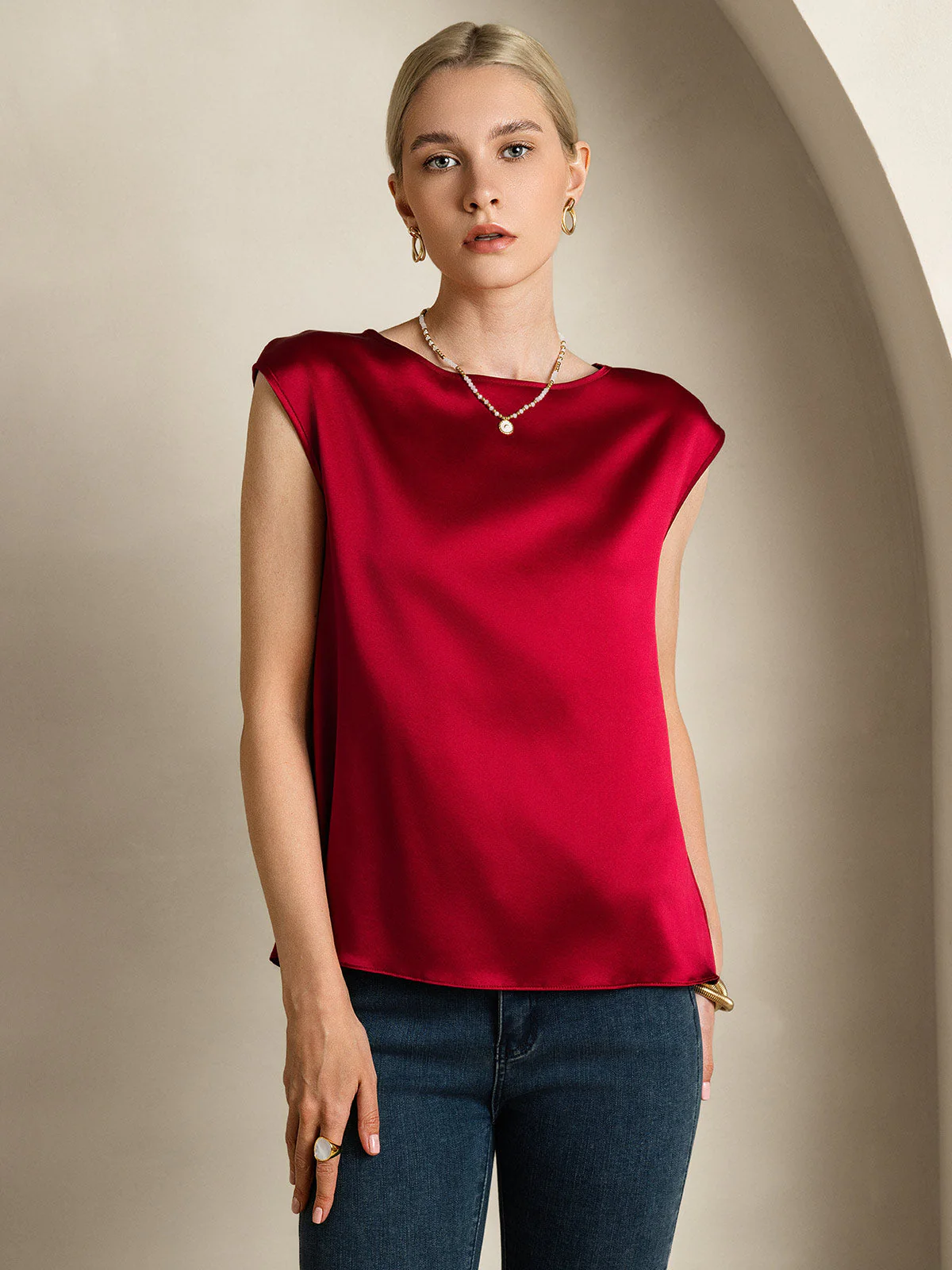 19Momme Silk Cap Sleeve Round Neck Women's Top - Image 31