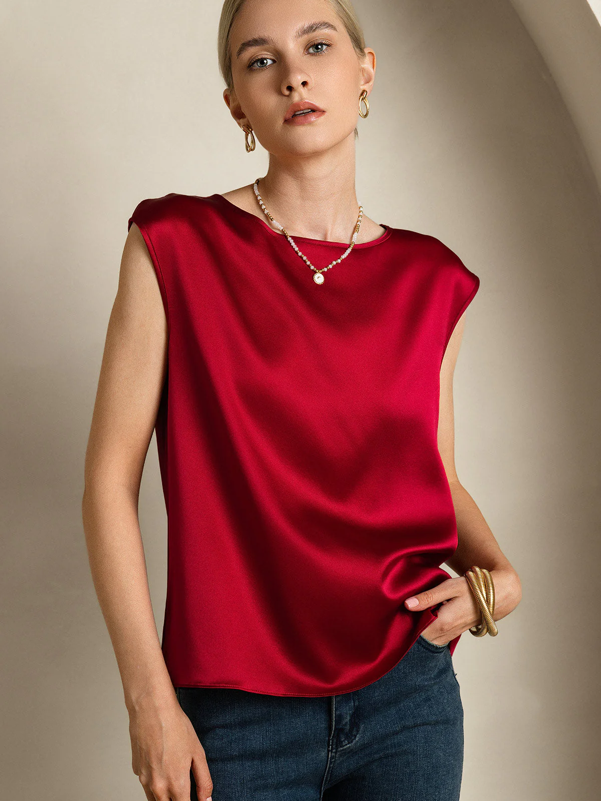 19Momme Silk Cap Sleeve Round Neck Women's Top - Image 33