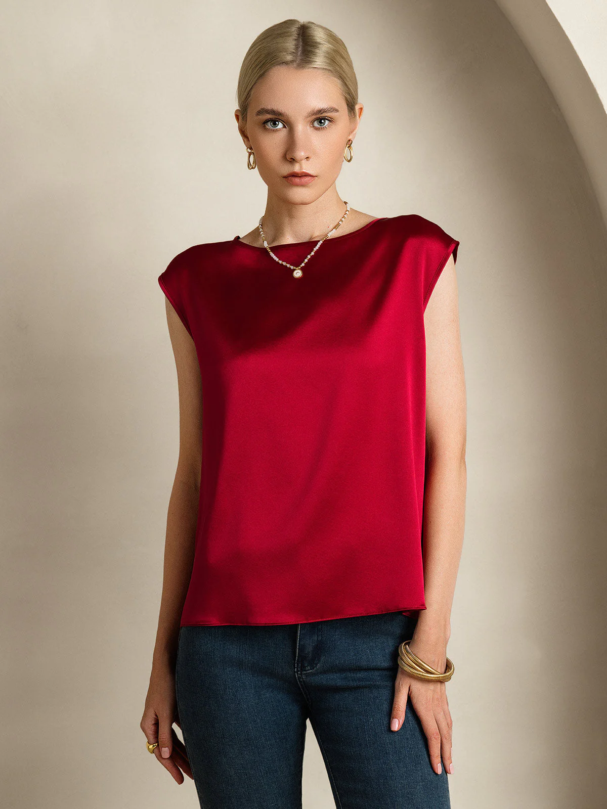 19Momme Silk Cap Sleeve Round Neck Women's Top - Image 34