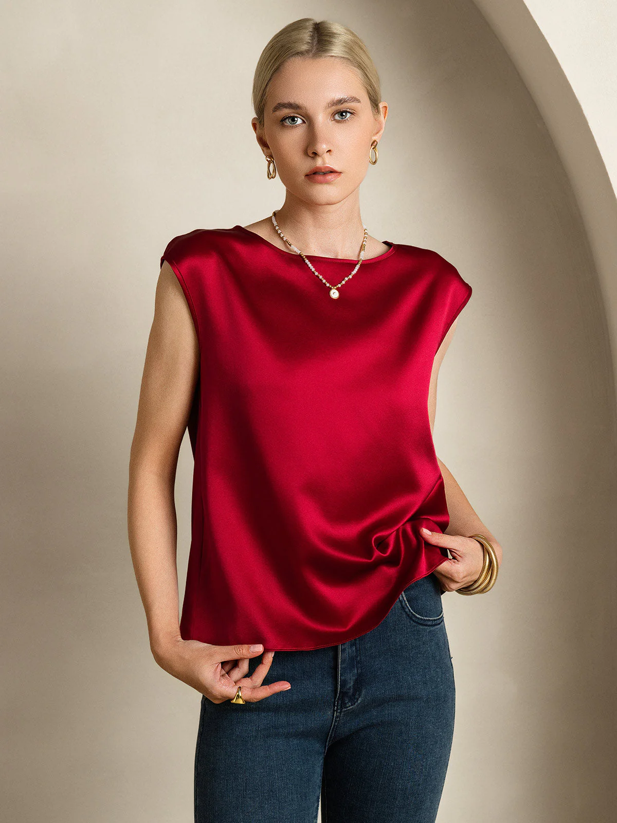 19Momme Silk Cap Sleeve Round Neck Women's Top - Image 35