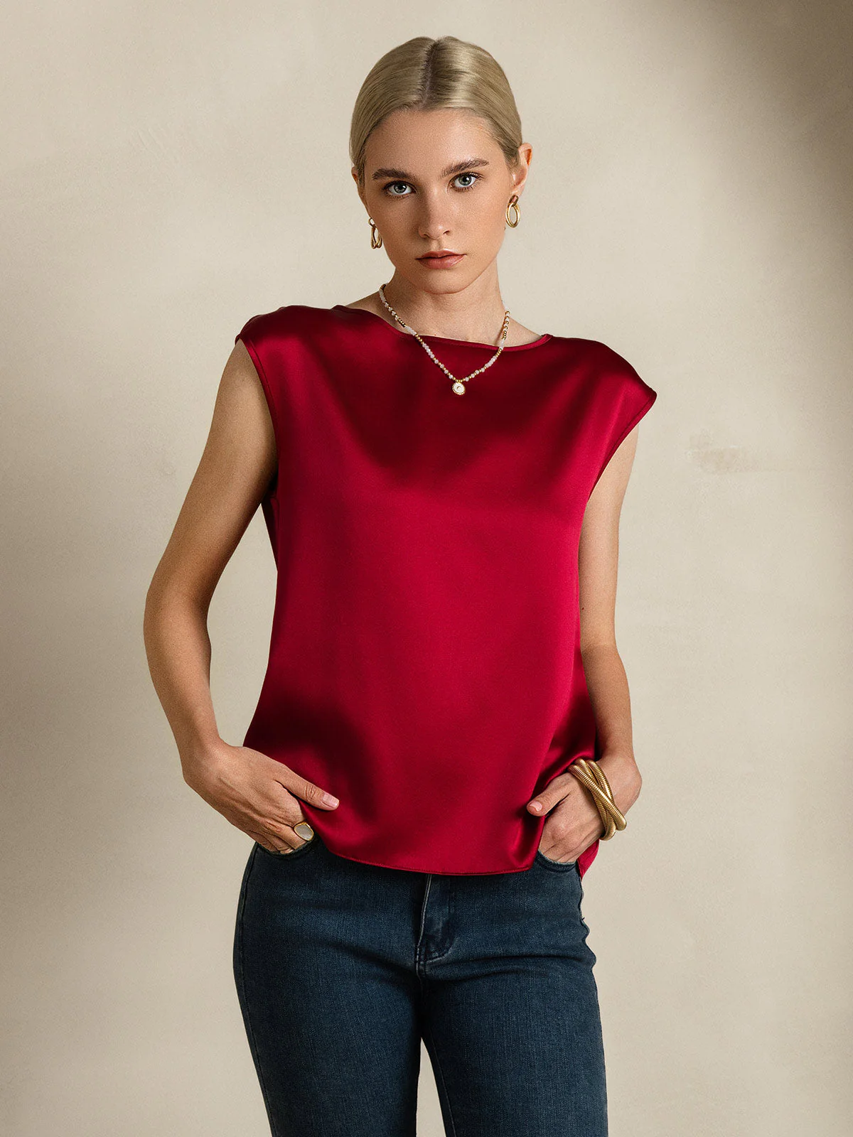 19Momme Silk Cap Sleeve Round Neck Women's Top - Image 36