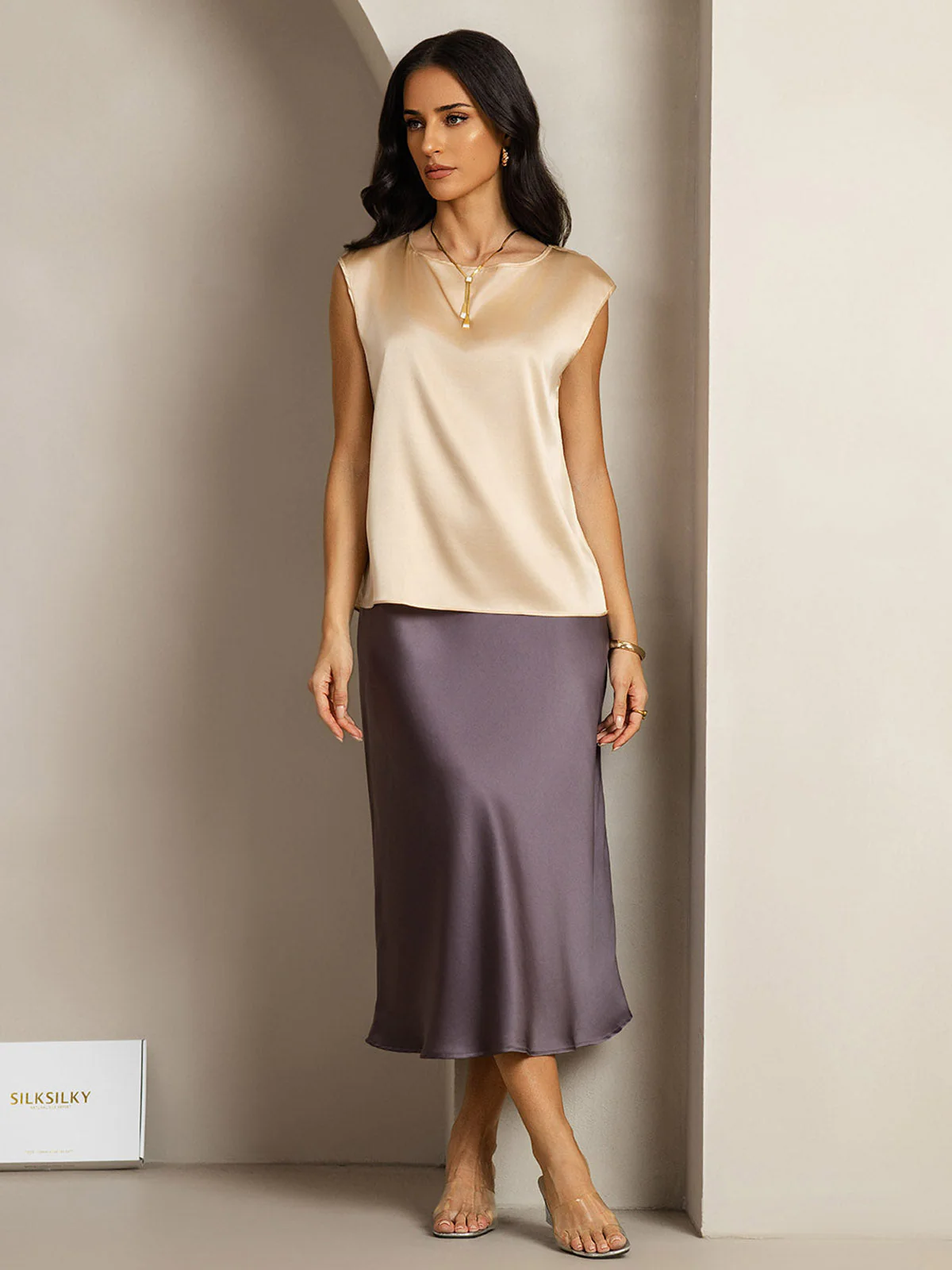 19Momme Silk Cap Sleeve Round Neck Women's Top - Image 41