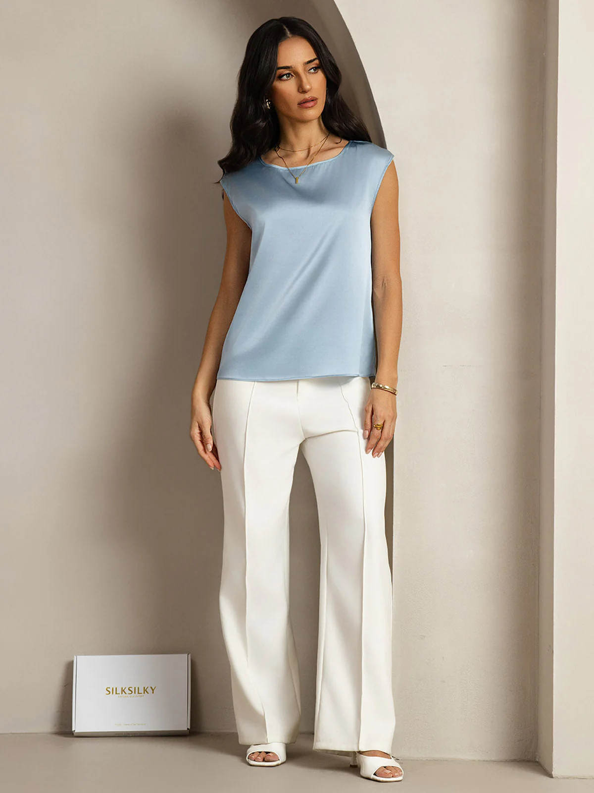 19Momme Silk Cap Sleeve Round Neck Women's Top - Image 46