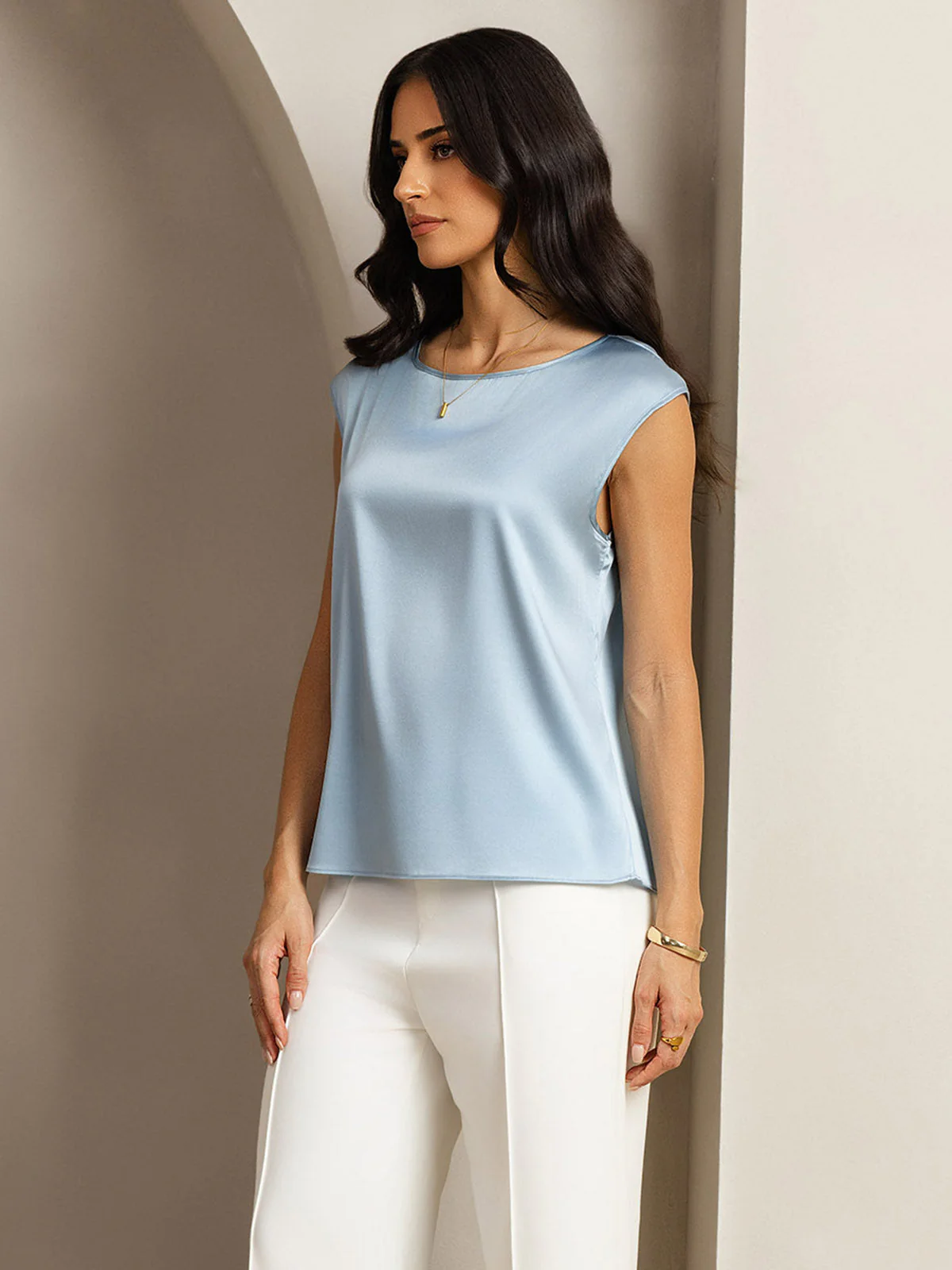 19Momme Silk Cap Sleeve Round Neck Women's Top - Image 48