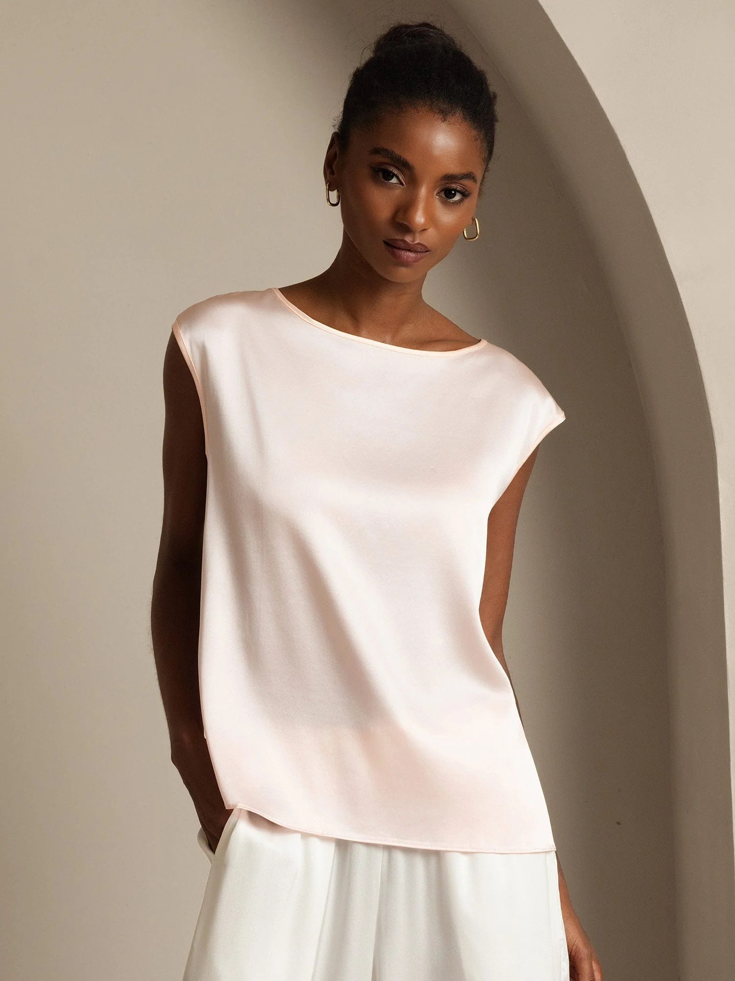 19Momme Silk Cap Sleeve Round Neck Women's Top - Image 49
