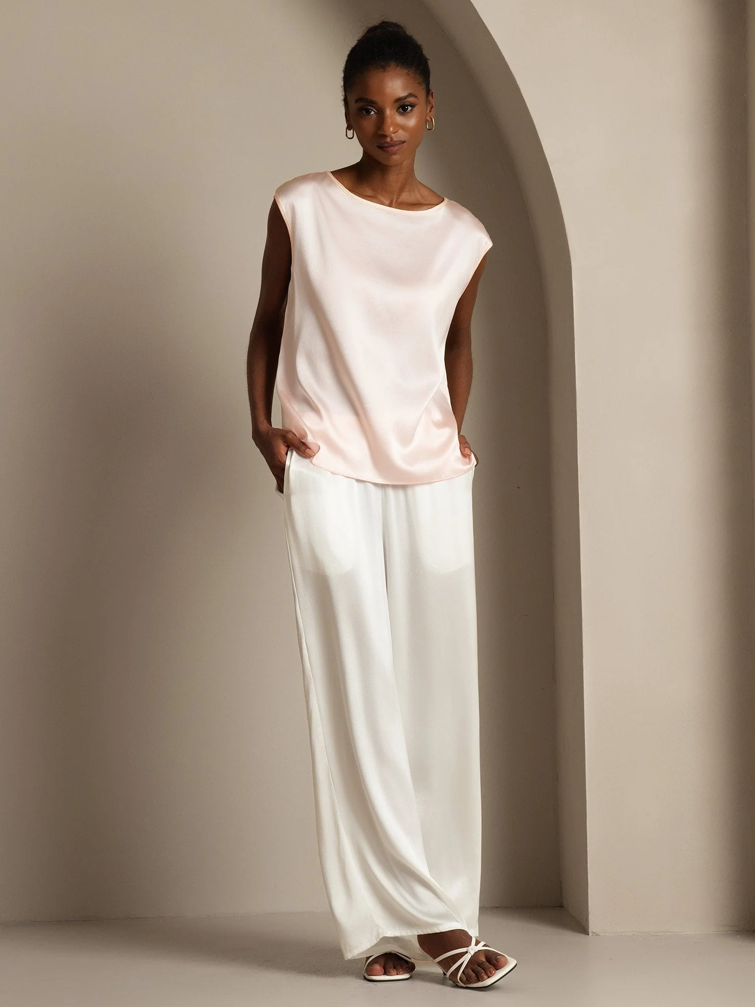 19Momme Silk Cap Sleeve Round Neck Women's Top - Image 54