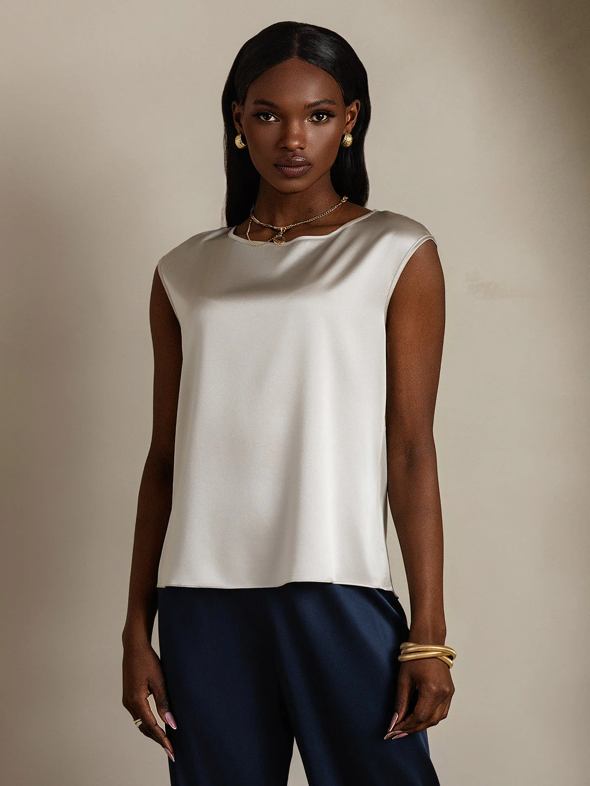 19Momme Silk Cap Sleeve Round Neck Women's Top - Image 55