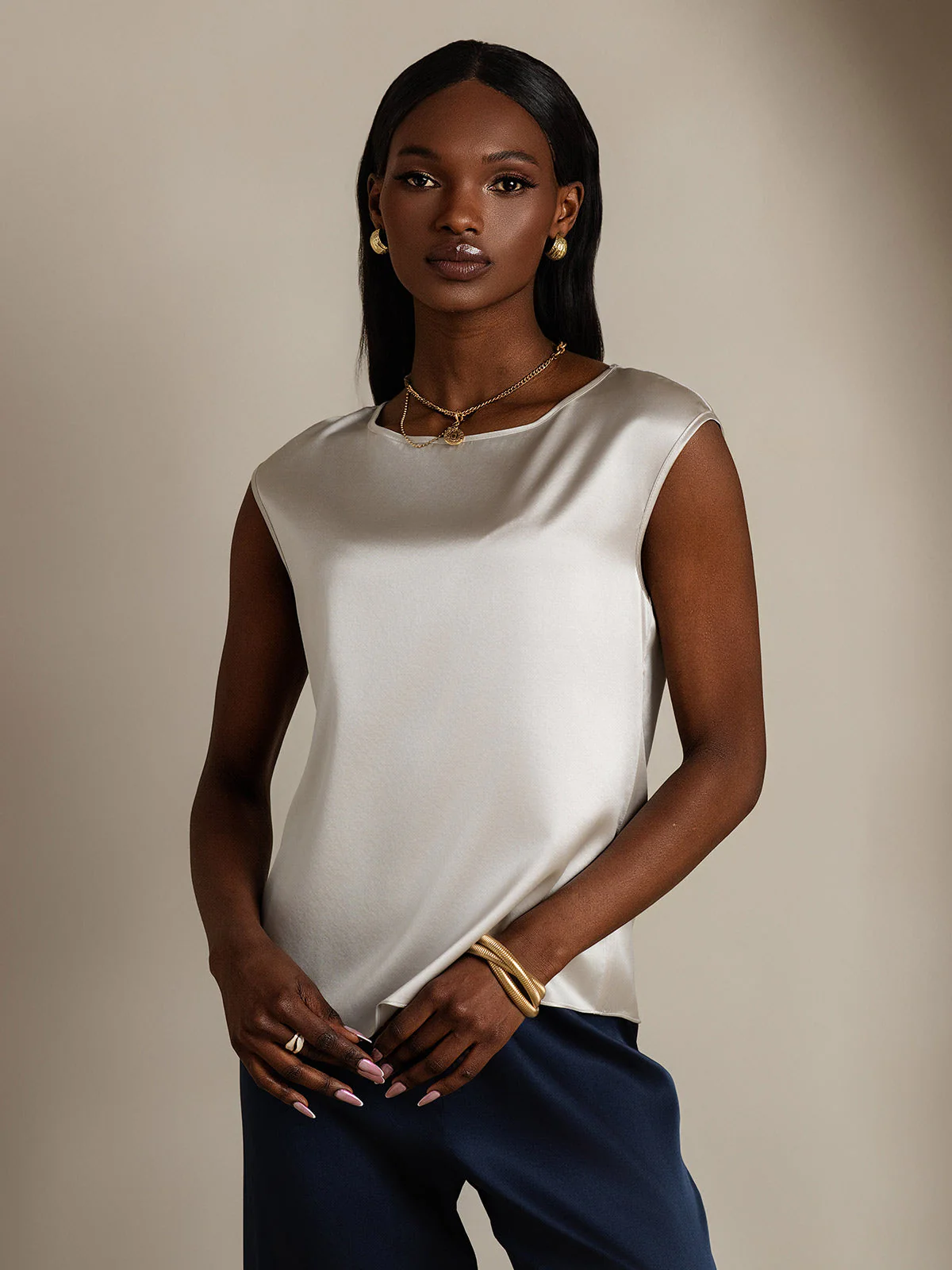 19Momme Silk Cap Sleeve Round Neck Women's Top - Image 57