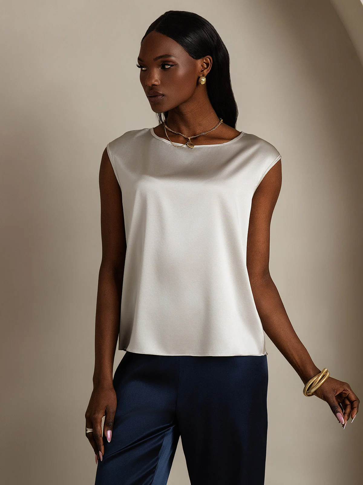 19Momme Silk Cap Sleeve Round Neck Women's Top - Image 58