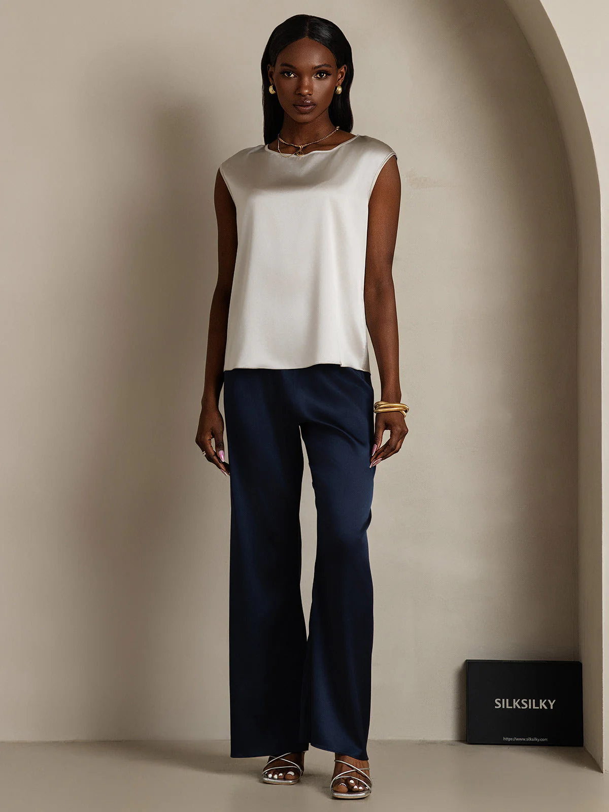 19Momme Silk Cap Sleeve Round Neck Women's Top - Image 59