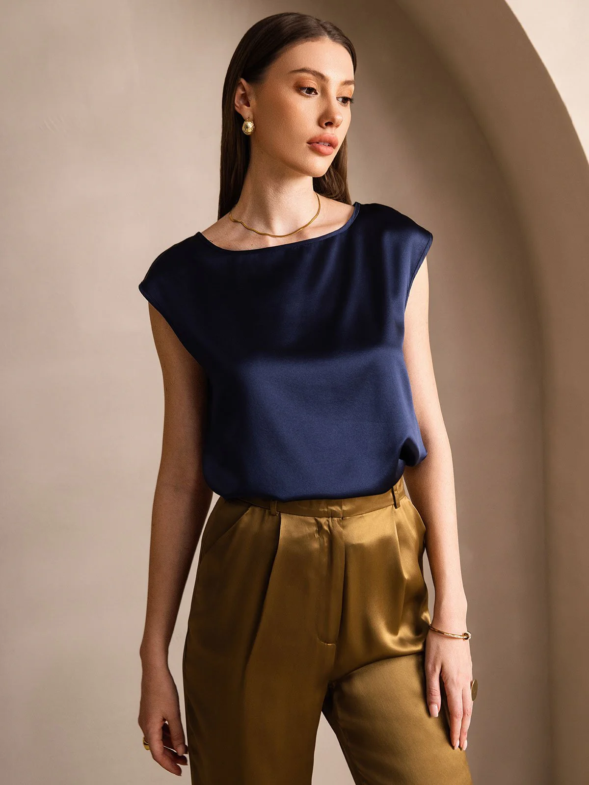 19Momme Silk Cap Sleeve Round Neck Women's Top - Image 8