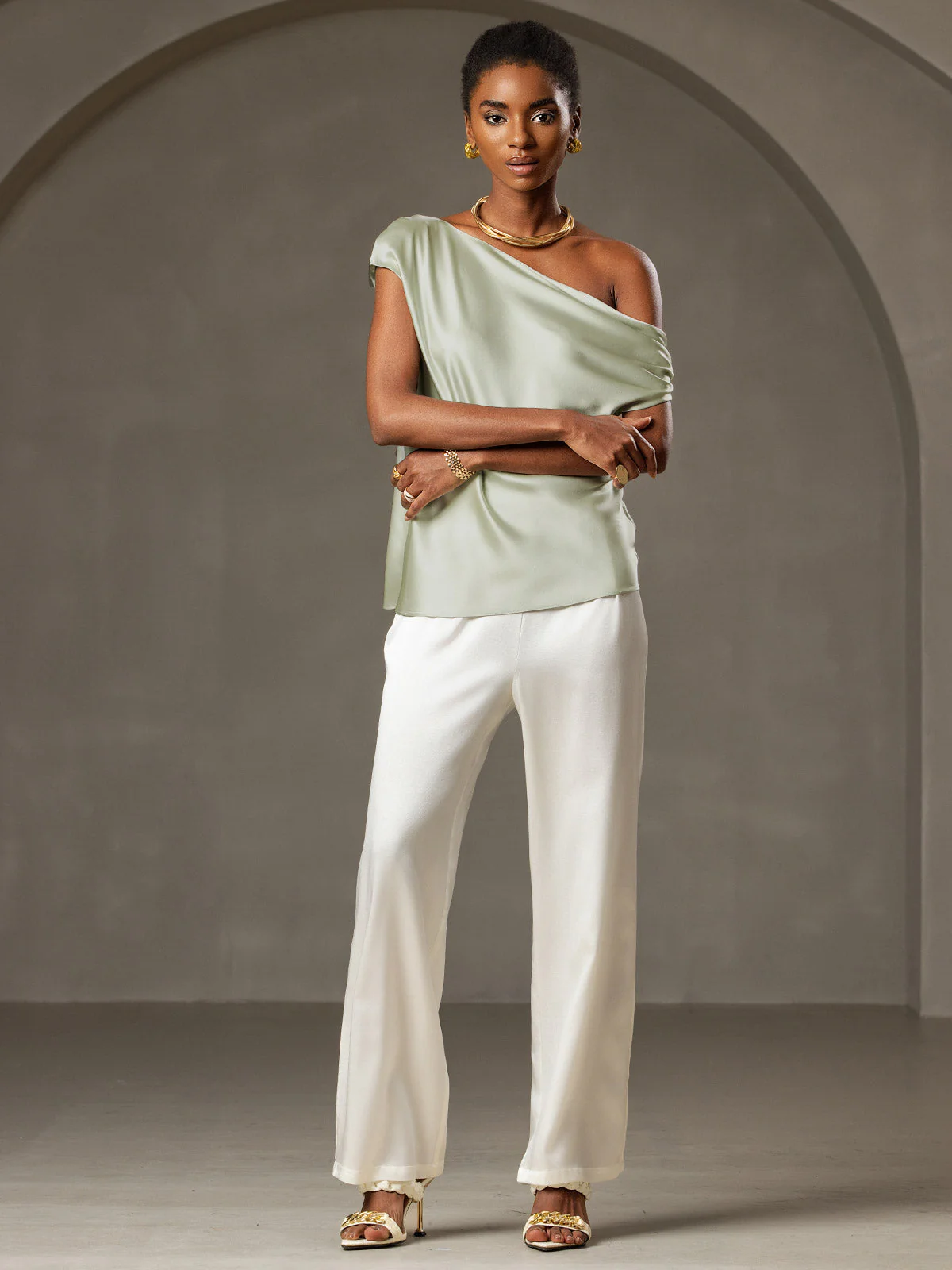 19Momme Silk Women's Cap Sleeve One Shoulder Top - Image 11