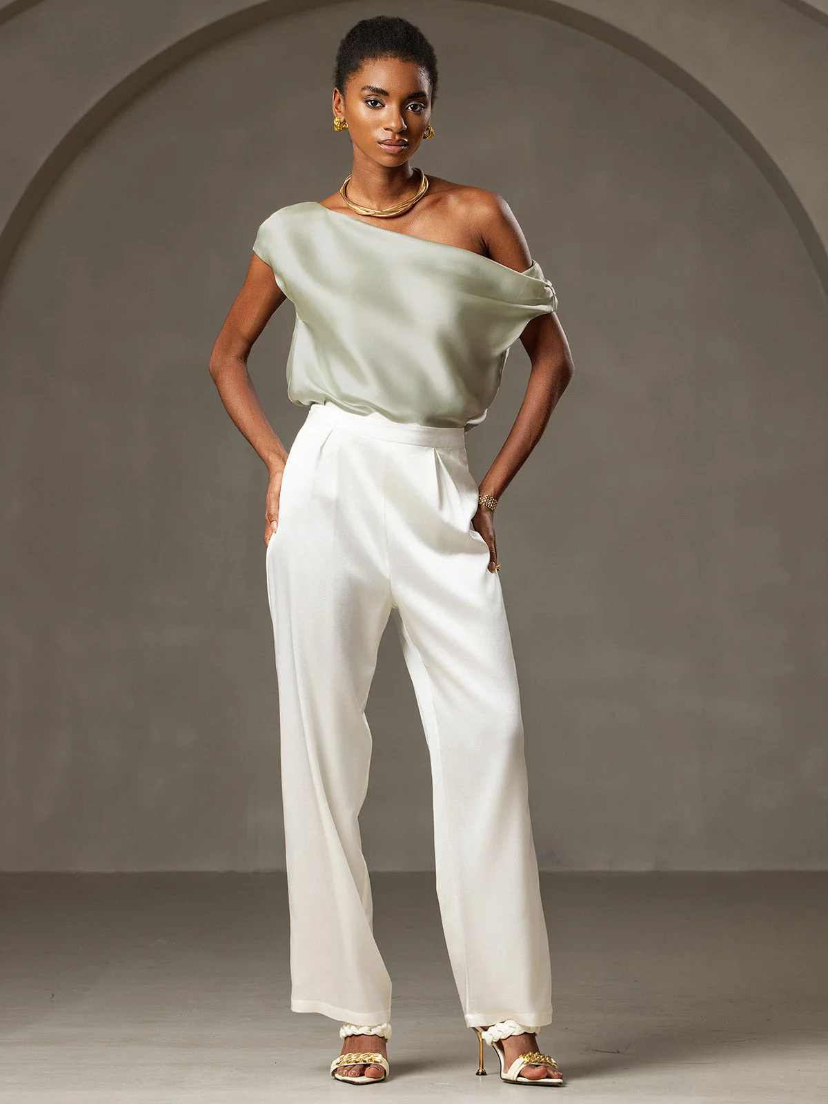 19Momme Silk Women's Cap Sleeve One Shoulder Top - Image 13