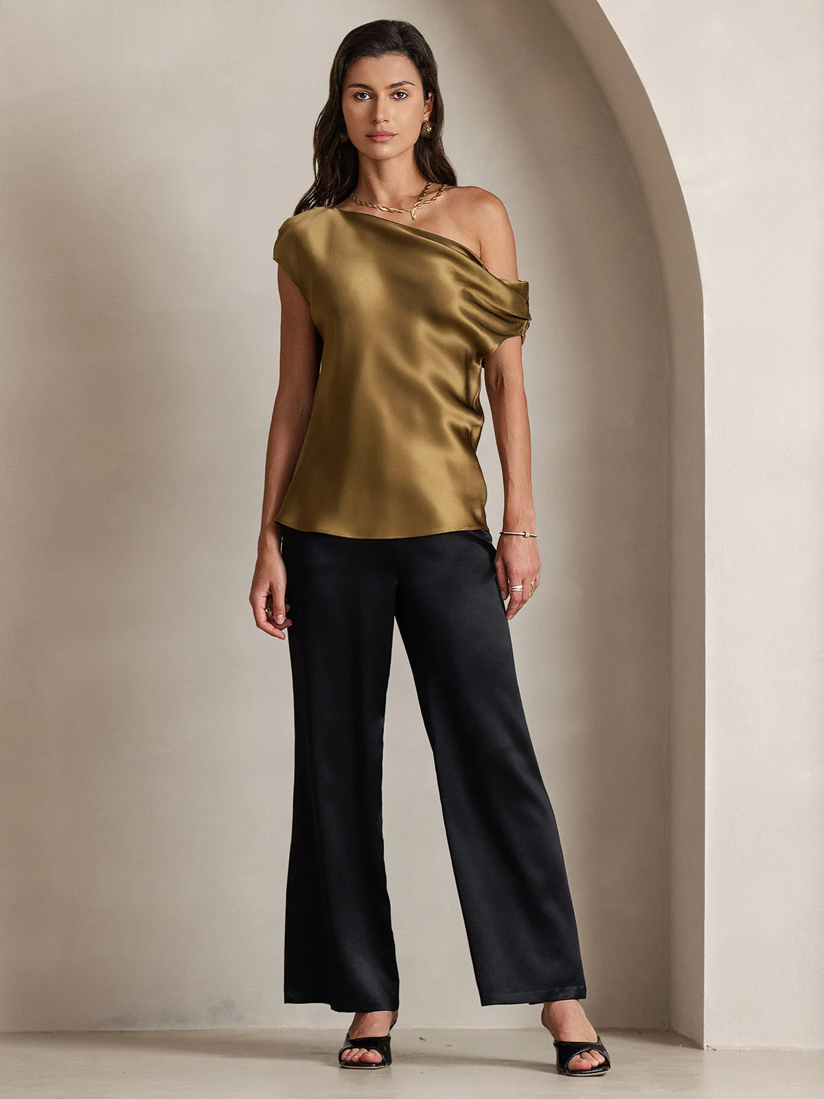 19Momme Silk Women's Cap Sleeve One Shoulder Top - Image 19