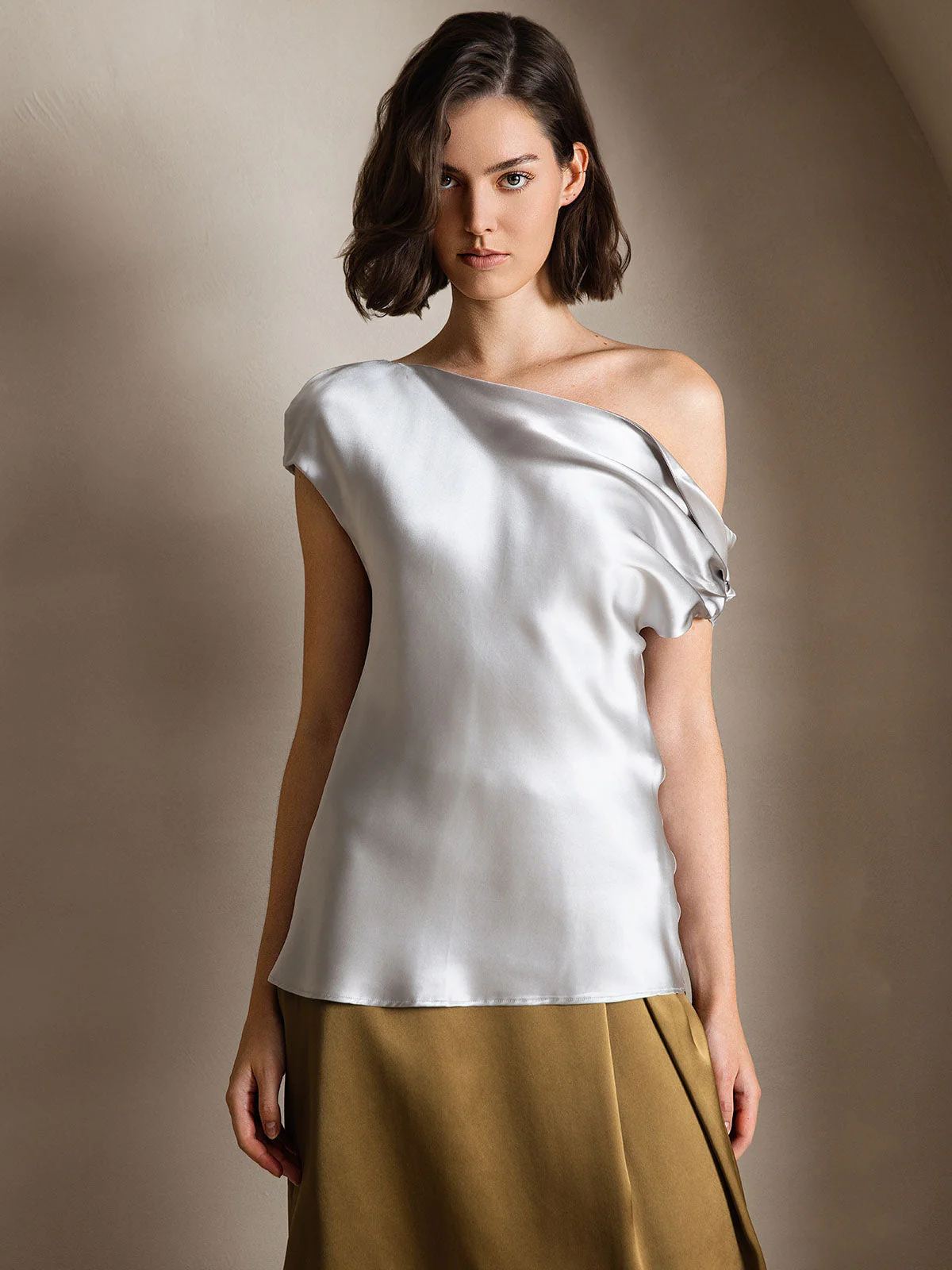 19Momme Silk Women's Cap Sleeve One Shoulder Top - Image 21