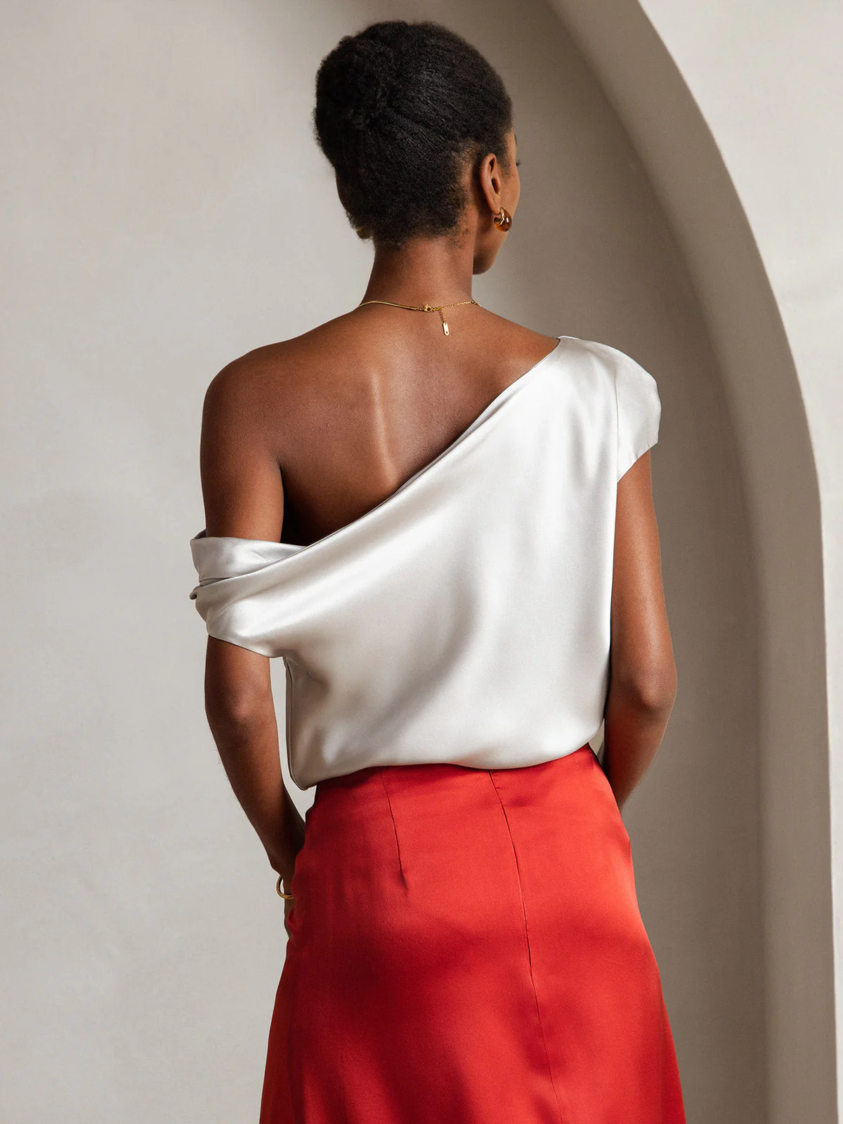 19Momme Silk Women's Cap Sleeve One Shoulder Top - Image 22