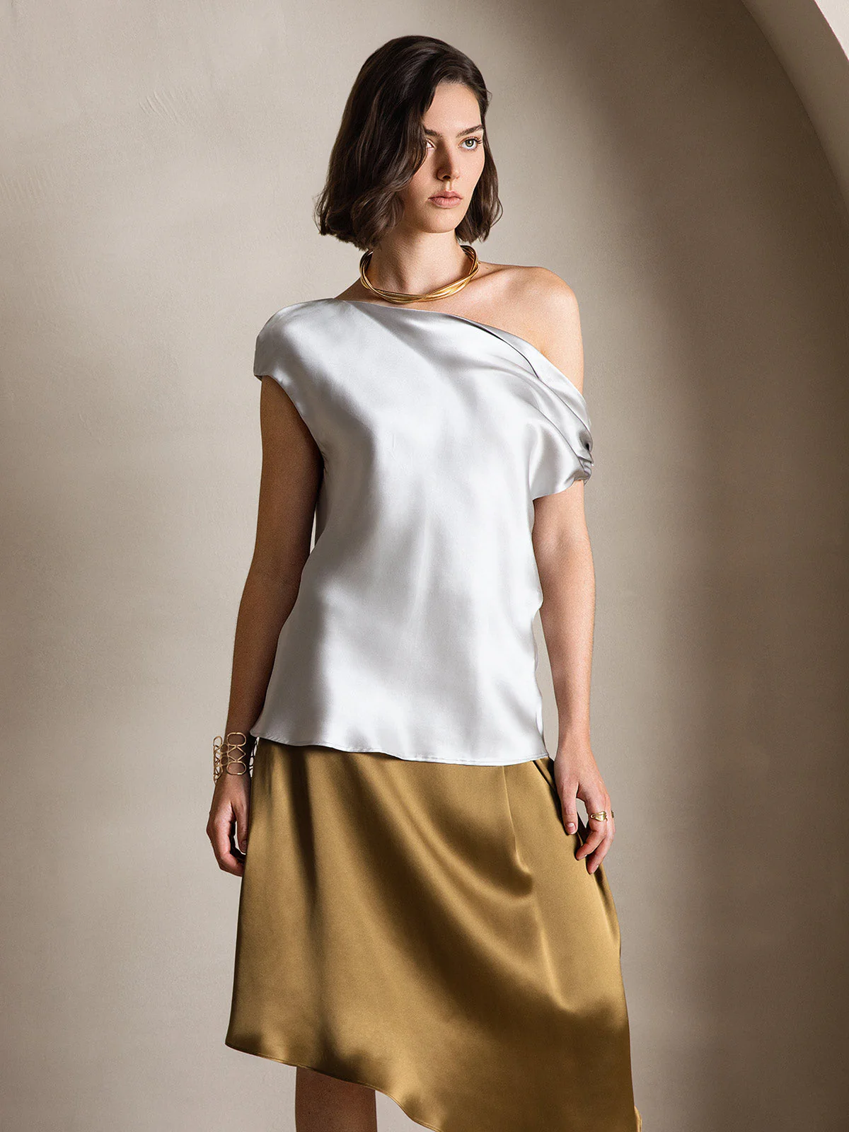 19Momme Silk Women's Cap Sleeve One Shoulder Top - Image 23