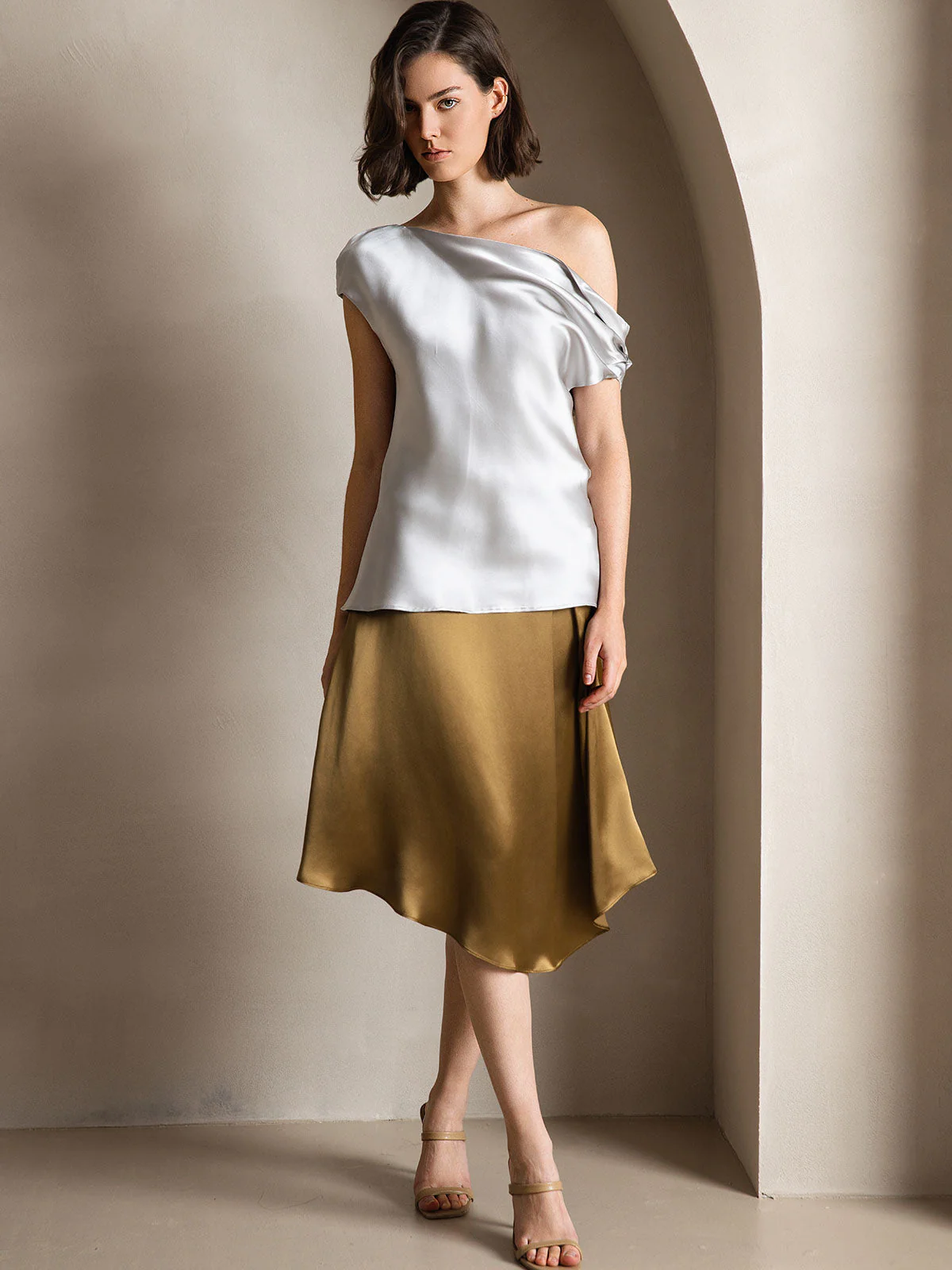 19Momme Silk Women's Cap Sleeve One Shoulder Top - Image 24
