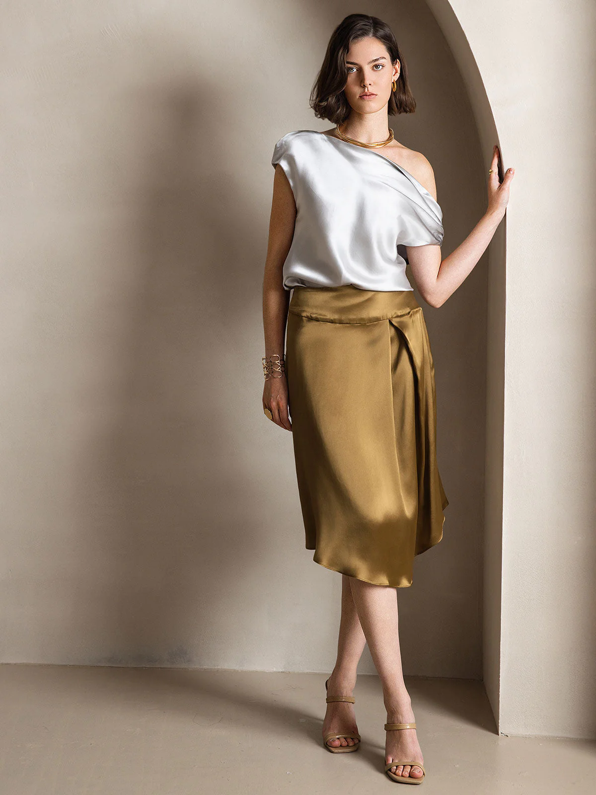 19Momme Silk Women's Cap Sleeve One Shoulder Top - Image 25