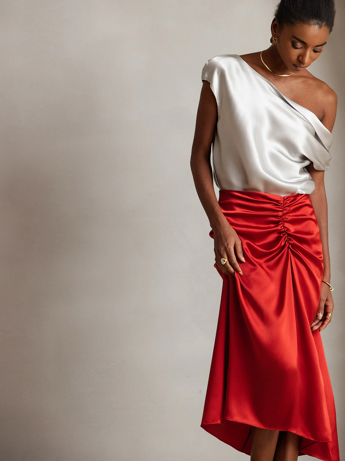 19Momme Silk Women's Cap Sleeve One Shoulder Top - Image 26