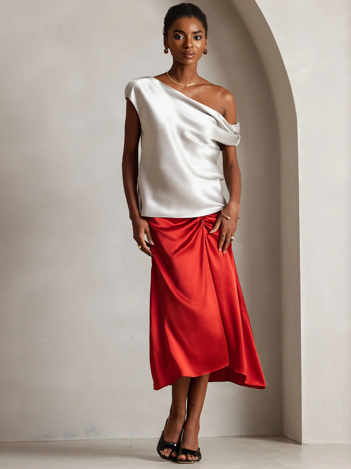 19Momme Silk Women's Cap Sleeve One Shoulder Top - Image 28