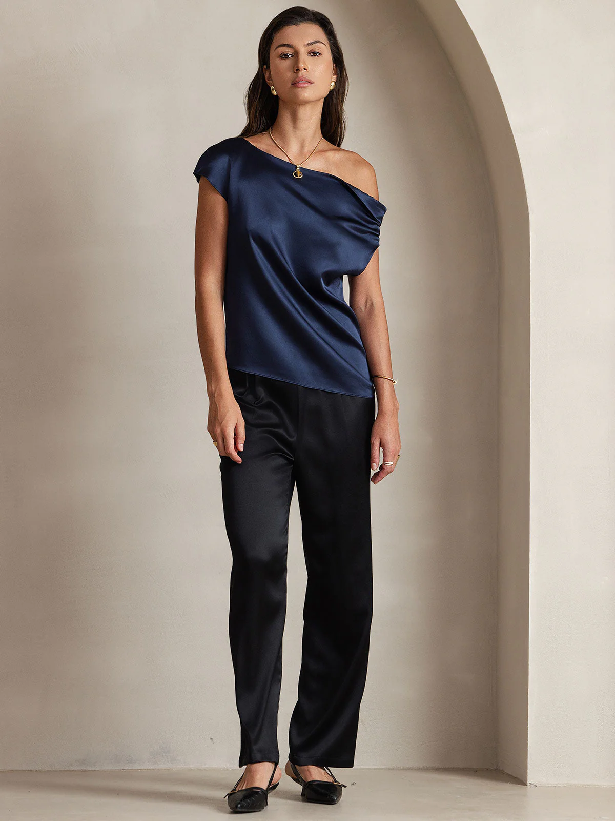 19Momme Silk Women's Cap Sleeve One Shoulder Top - Image 5
