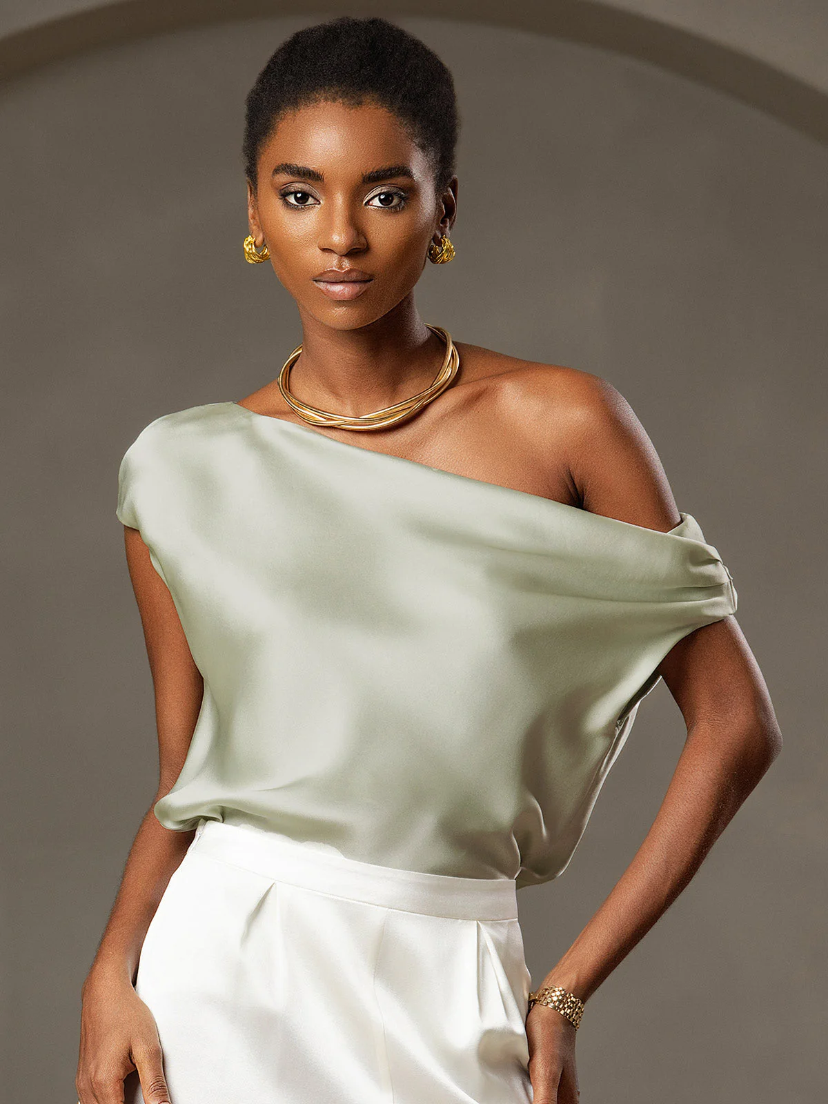 19Momme Silk Women's Cap Sleeve One Shoulder Top - Image 7