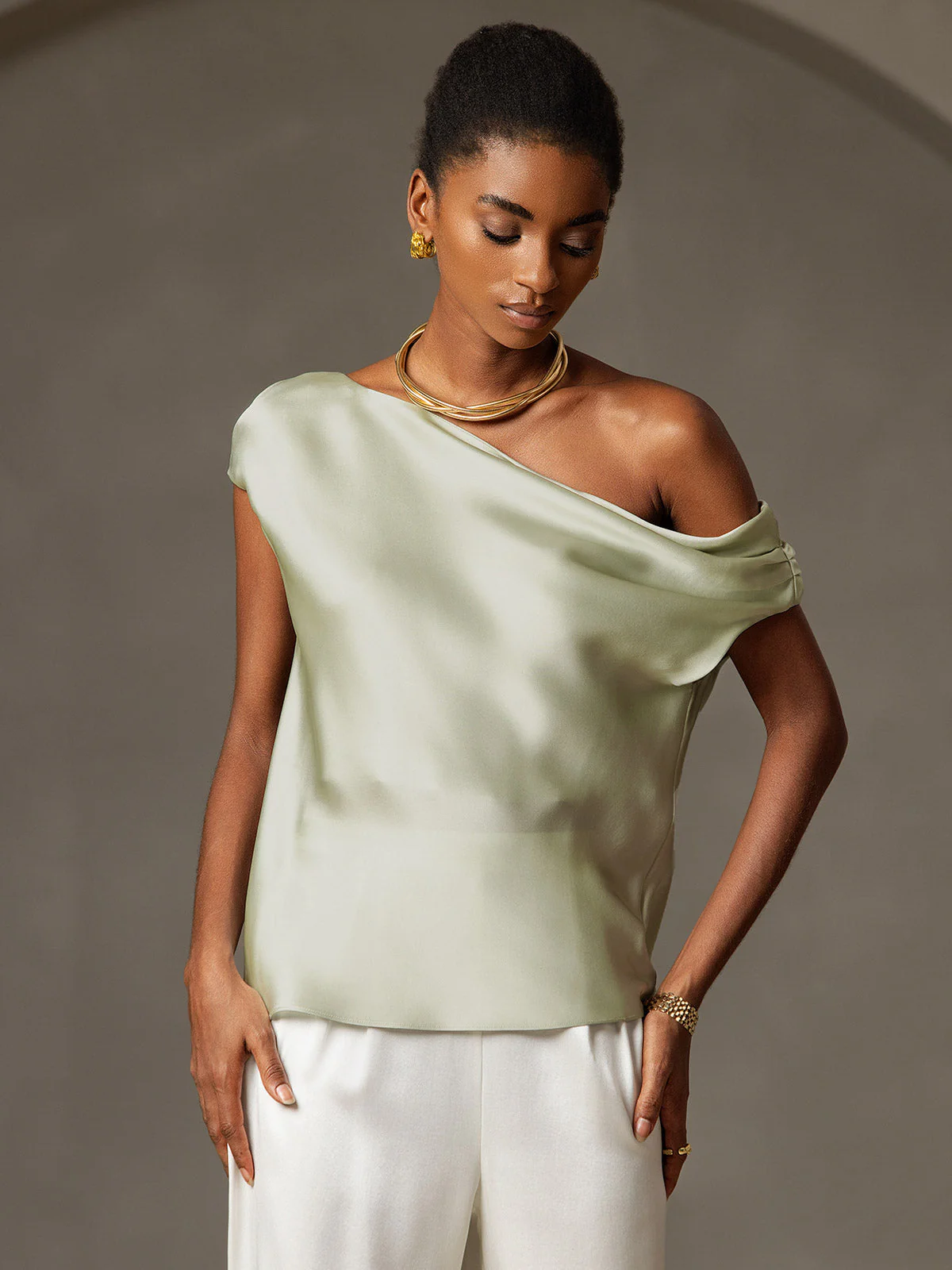 19Momme Silk Women's Cap Sleeve One Shoulder Top - Image 9