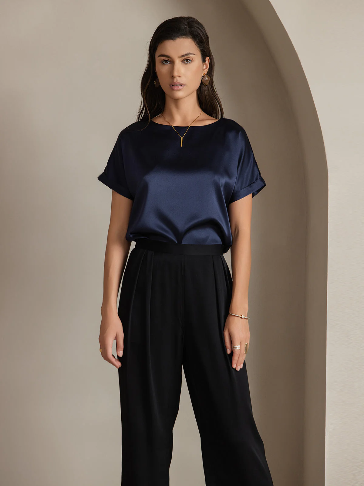 19Momme Silk Short Sleeve Boat Neck Women's T-Shirt - Image 15