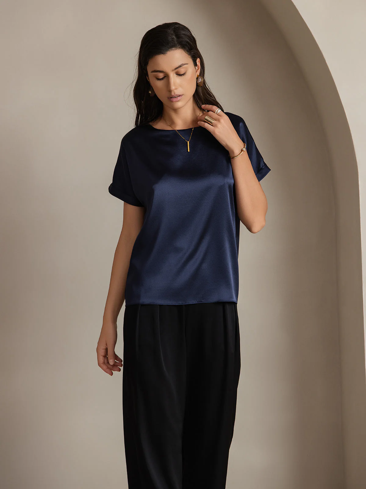 19Momme Silk Short Sleeve Boat Neck Women's T-Shirt - Image 17