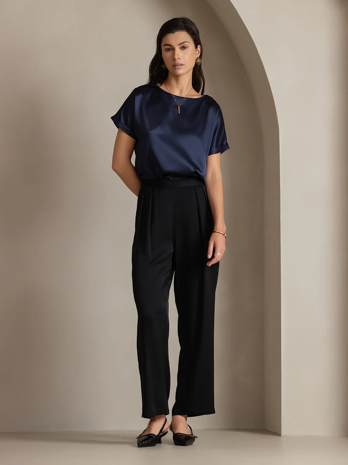 19Momme Silk Short Sleeve Boat Neck Women's T-Shirt - Image 18
