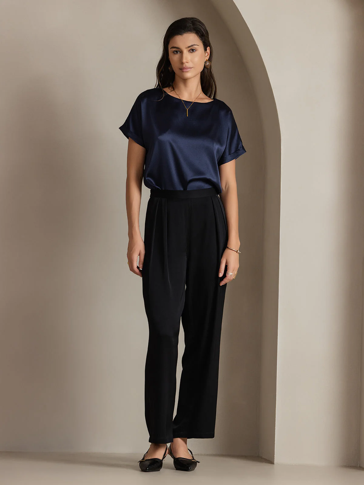 19Momme Silk Short Sleeve Boat Neck Women's T-Shirt - Image 19