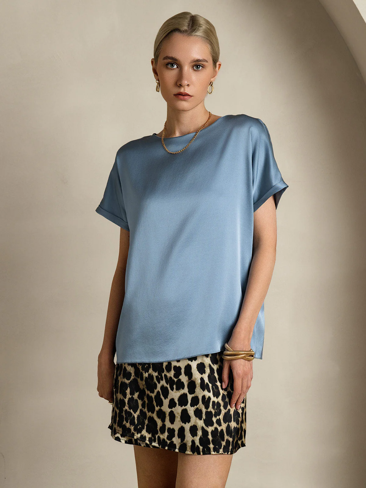 19Momme Silk Short Sleeve Boat Neck Women's T-Shirt - Image 22