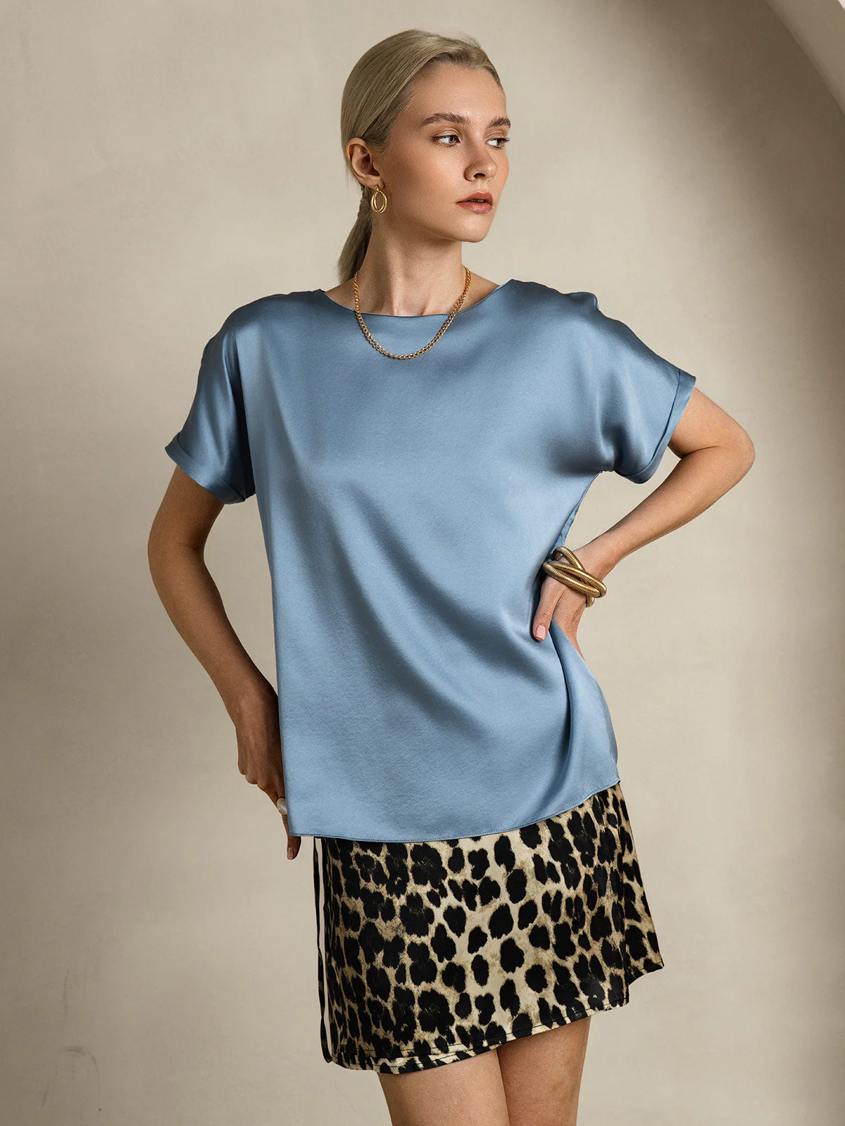 19Momme Silk Short Sleeve Boat Neck Women's T-Shirt - Image 23