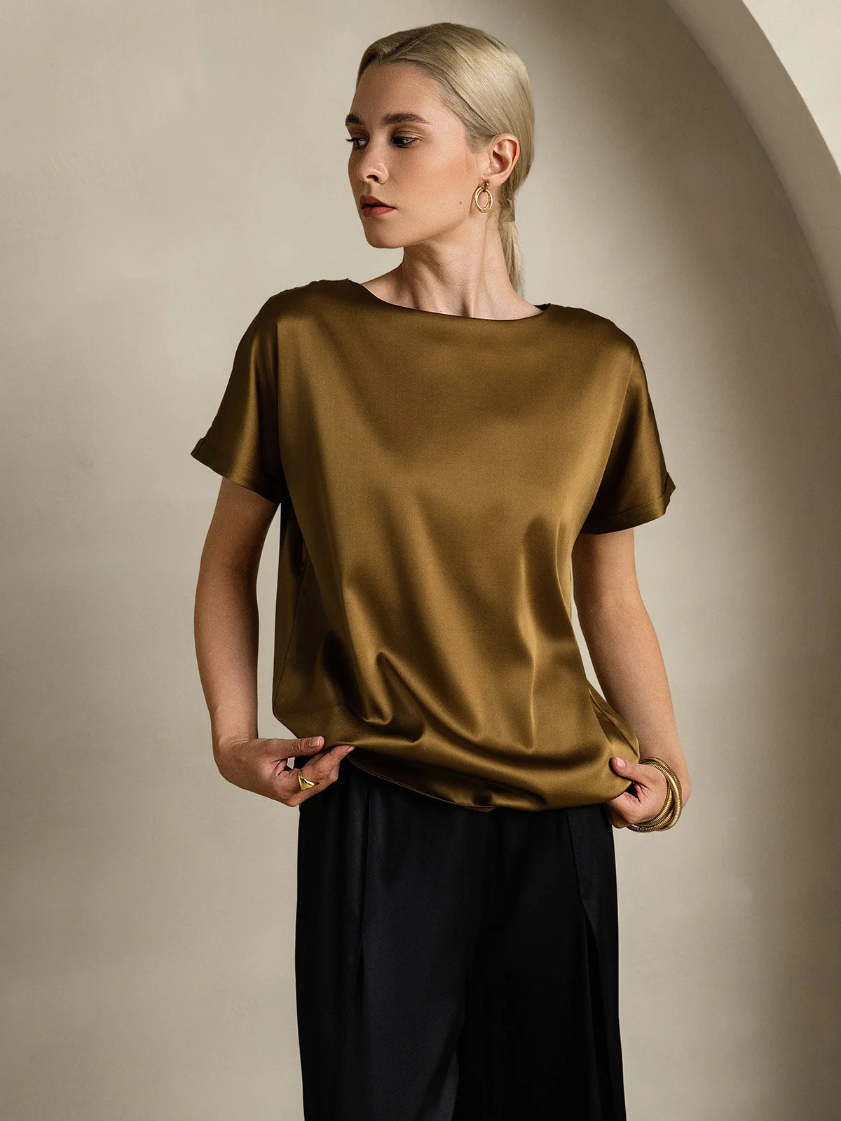 19Momme Silk Short Sleeve Boat Neck Women's T-Shirt - Image 36