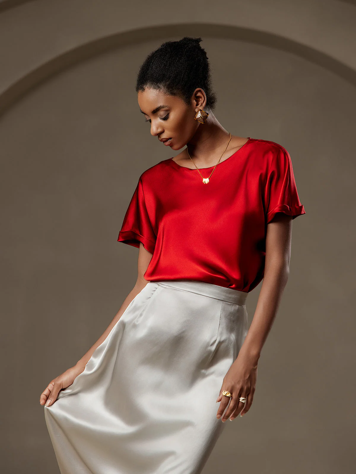 19Momme Silk Short Sleeve Boat Neck Women's T-Shirt - Image 45