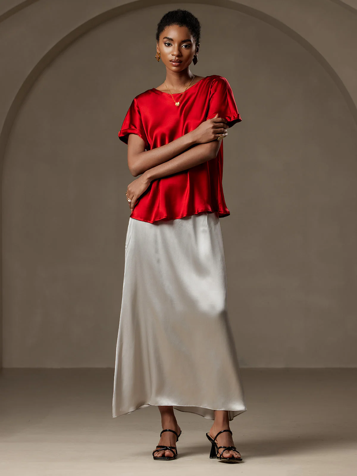 19Momme Silk Short Sleeve Boat Neck Women's T-Shirt - Image 47
