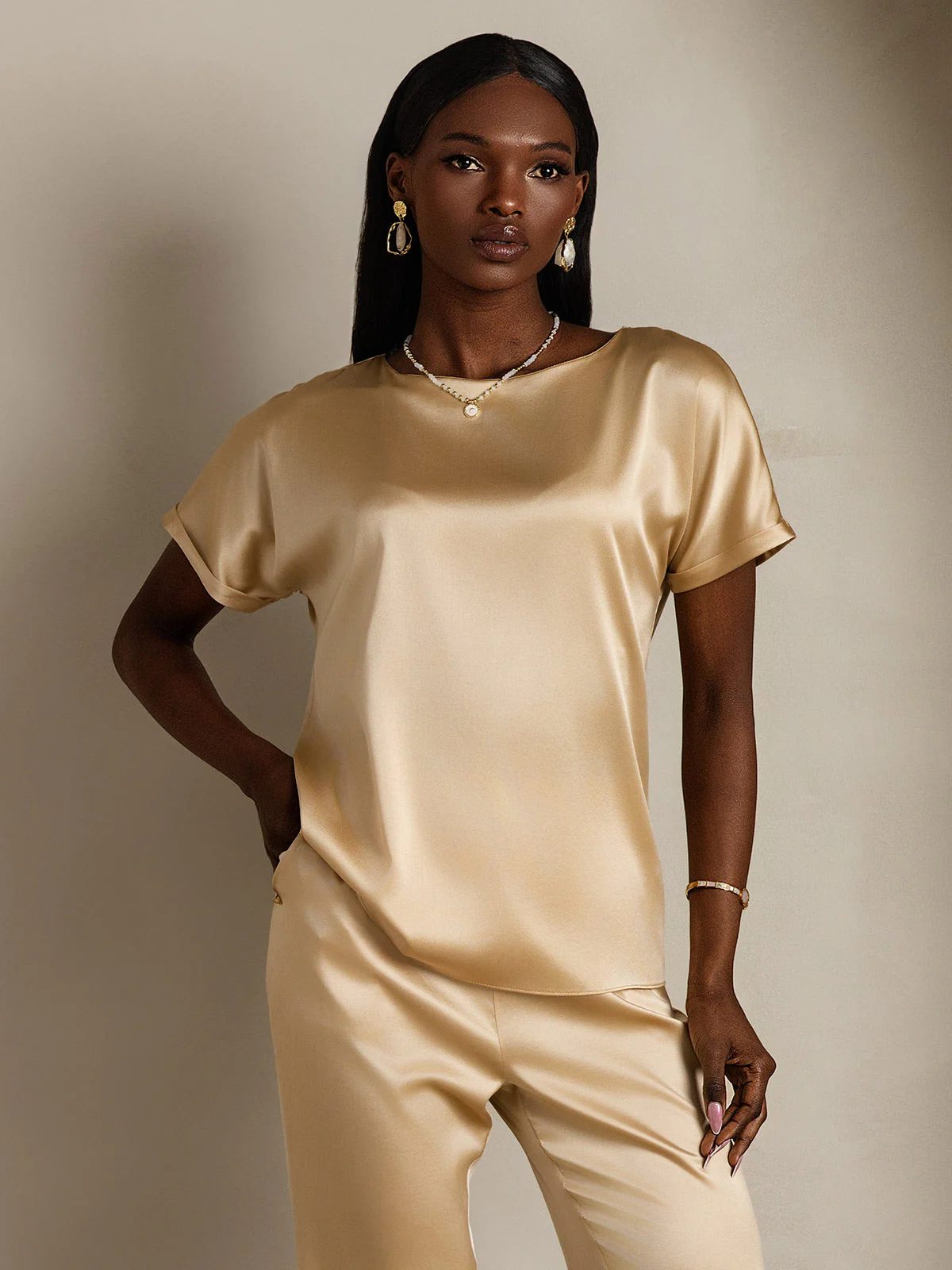 19Momme Silk Short Sleeve Boat Neck Women's T-Shirt - Image 50