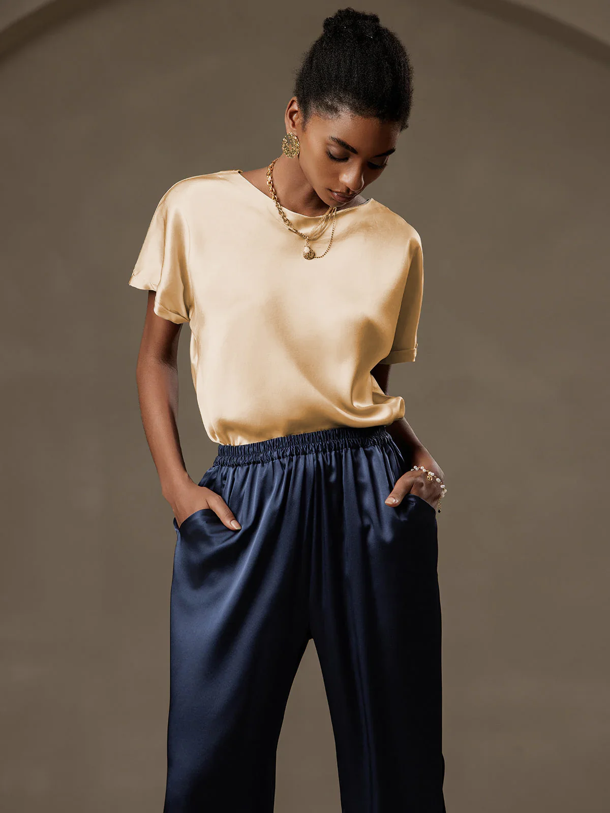 19Momme Silk Short Sleeve Boat Neck Women's T-Shirt - Image 57