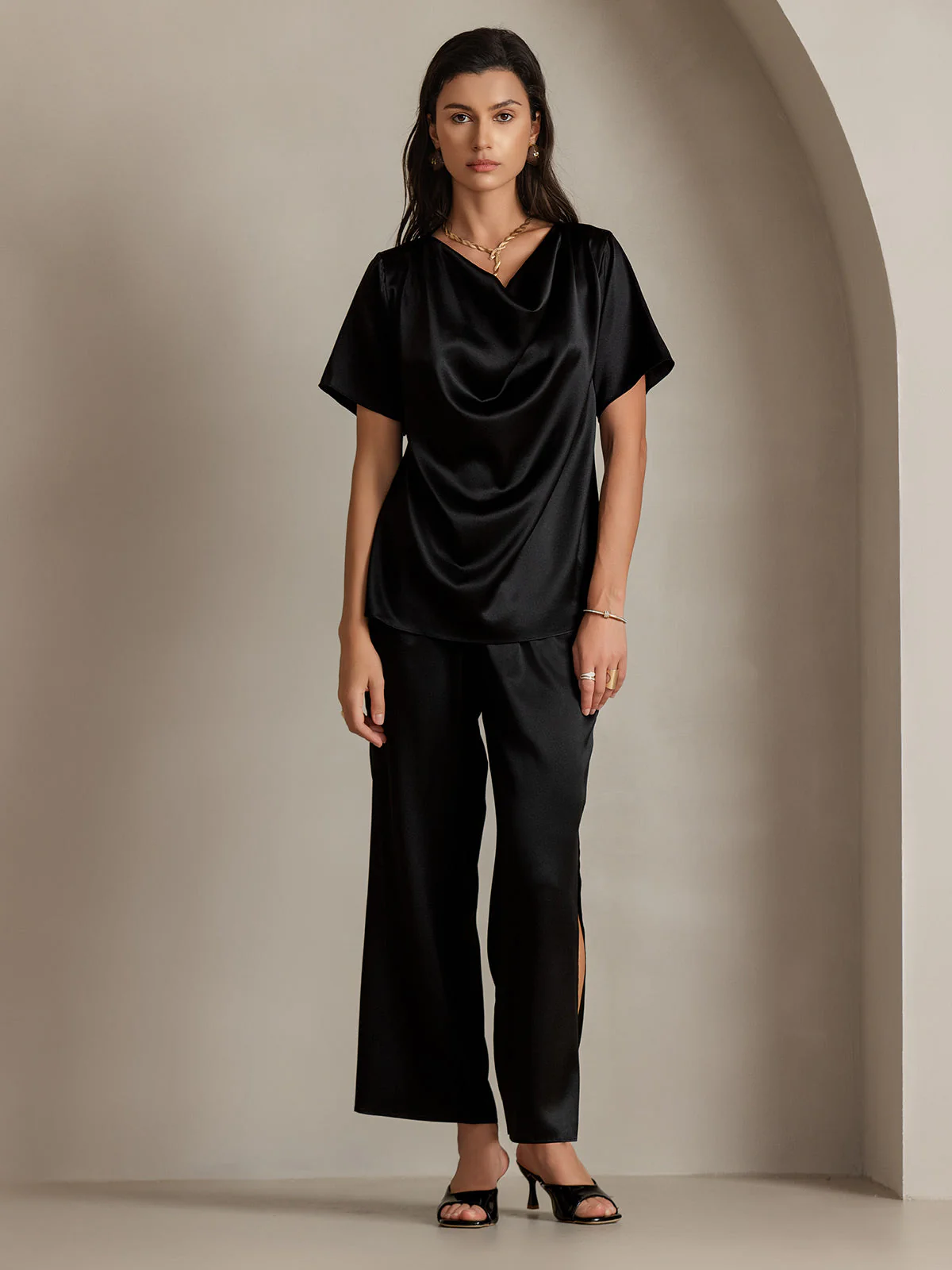 19Momme Women's Silk Short Sleeve Cowl Neck T-Shirt - Image 10