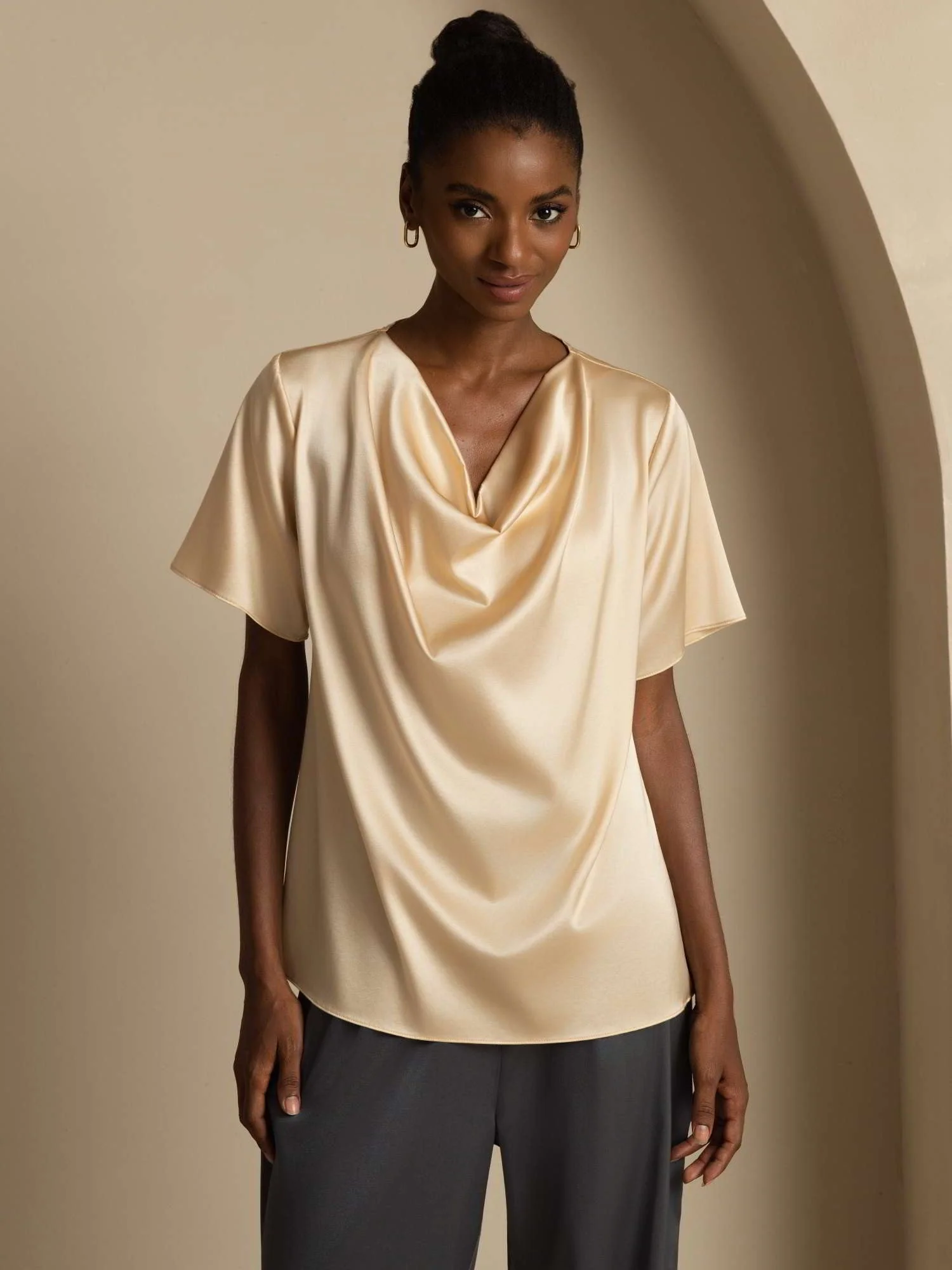 19Momme Women's Silk Short Sleeve Cowl Neck T-Shirt - Image 13