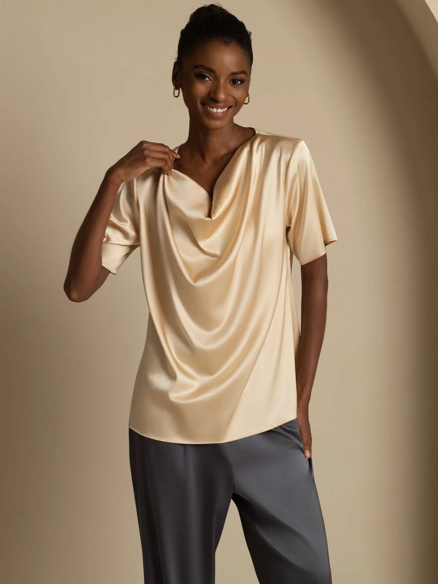 19Momme Women's Silk Short Sleeve Cowl Neck T-Shirt - Image 15